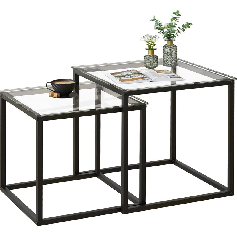 Coffee Table Set Of 2 Modern Black Glass Side Table Metal Frame Square End Table Center Tables Nesting Coffee Table For Living Room Bedroom And